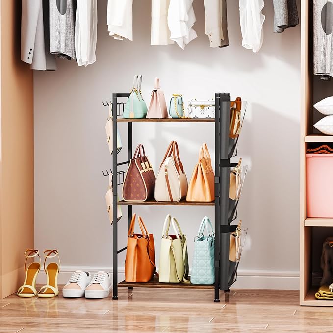 HapiRm Purse Organizer Storage Rack - Floor-Standing 3 Tier Purse Holder with Side Hooks and Transparent Pockets for Handbag Storage, High-Capacity Bag Organizer for Closet, Home, Living Room