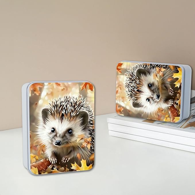 Metal Tin Box with Lid,Multi-functional Storage Box Can Store Tea Biscuits Game Cards, Playing & Tarot Cards-Comes with 4 Magnetic Cord Clips,Hedgehog in Autumn Leaves