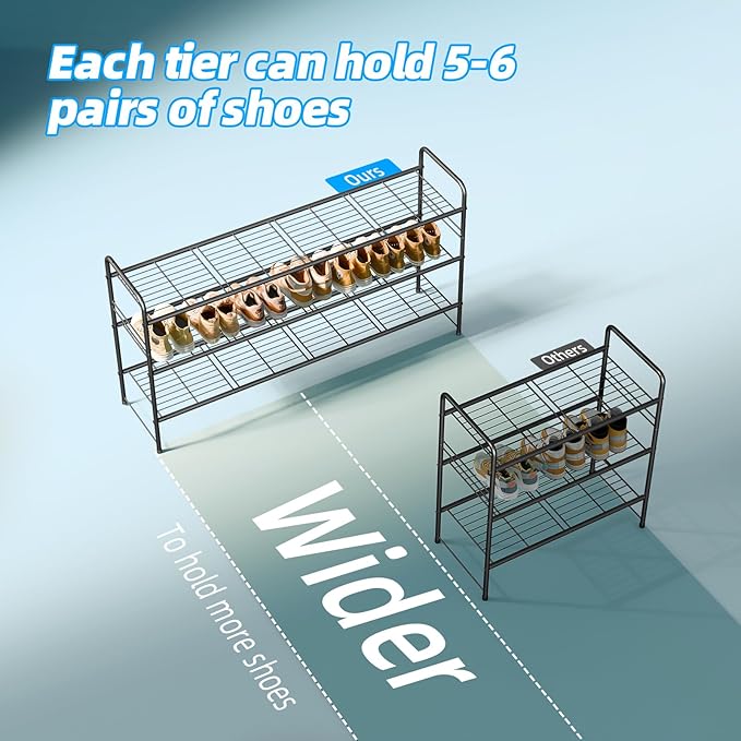 3 Tier Shoe Rack for Closet, 46.5 Inch Extra Long Shoe Storage Organizer for Shelves, Heavy Duty Metal, Easy Assembly, Black