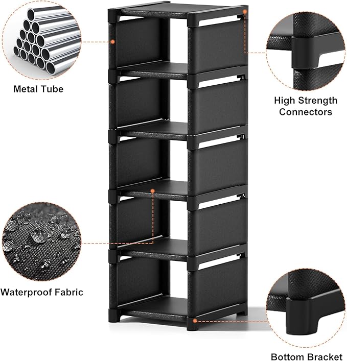 6-Tier Narrow Shoe Rack, Vertical Small Space Shoe Organizer, 9.84" Compact Slim Shoe Shelf for Closet & Entryway, Sturdy & Tool-Free Assembly, Adjustable Height for Boots