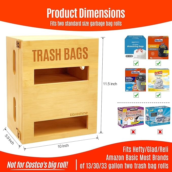 Bamboo Double Trash Bag Holder Dispenser – Wall Mount or Cabinet Storage for Kitchen/Pantry/Laundry, Holds 2 Standard Rolls – Space-Saving Garbage Bag Organizer with Easy Access