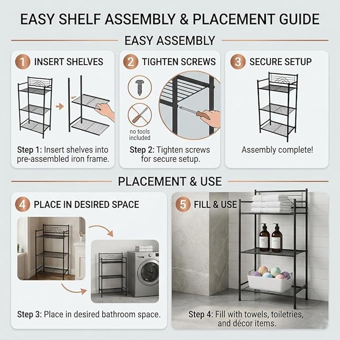 Bath Bliss 3 Tier Freestanding Bathroom Storage Shelf, Black Metal Organizer Rack | Rust Resistant Space Saving Bathroom Stand | Toilet Paper Towel Holder | Bathroom Organizer for Small Spaces