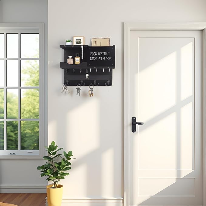 Key Holder for Wall Mount with Shelf and Mail Organizer, Key and Mail Holder with 16 Hooks, Farmhouse Entryway Organizer, Home Decor Rack (Pine Wood, Black)