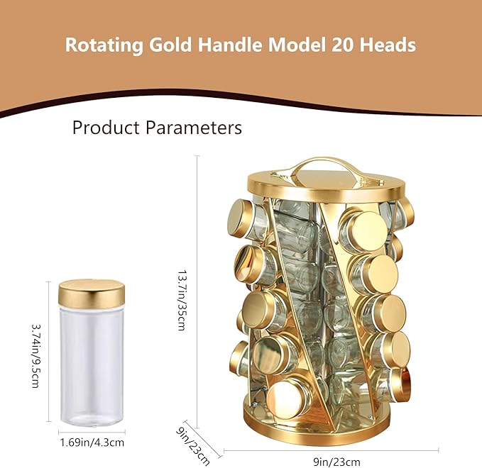 TINMIX Portable Stainless Steel Spice Rack with 20 Spice Jars Included Revolving Spice Organizer for Kitchen Tower Storage Rack for Spices and Seasoning Gold