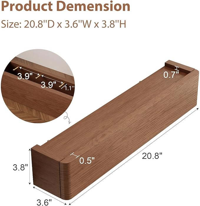 Solid Wood Wall Mounted Coat Rack with Shelf Hooks - Modern Floating Shelves with 5 Hidden Hooks, Heavy Duty Entryway Coat Key Holder Hanger for Hallway Bathroom Bedroom Home Decor