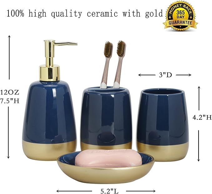 Navy Blue Gold Luxury Bathroom Accessories Set 4 Pieces,Vanity Countertop Ceramic Accessory Set for Bathroom Decor with Soap Dispenser,Toothbrush Holder, Tumbler,Soap Dish (Navy Blue)