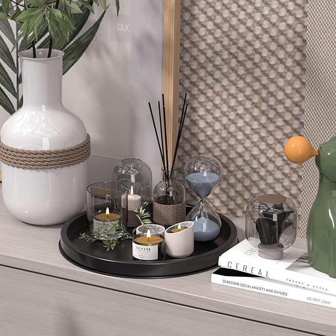 HGF Decorative Tray for Coffee Table, 13 Inch Lightweight Metal Round Trays for Kitchen Sink Counter Organizer Dining Centerpiece Table for Display Candle Vase, Black Round Tray for Decor
