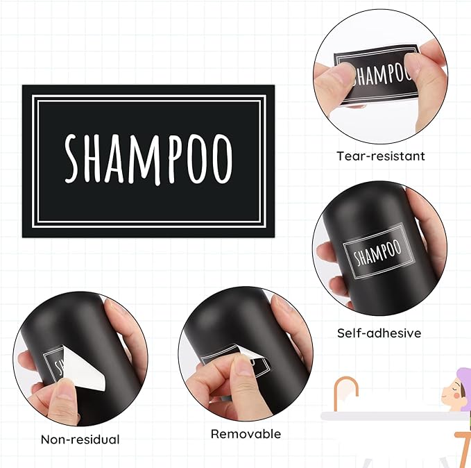 Segbeauty 36PCS Black Waterproof Labels, Self-Adhesive Bathroom Labels for Organizing, Removable Printed Shampoo Conditioner Body Soap Bath Salt Essential Oil Label Stickers for Plastic Glass Bottles