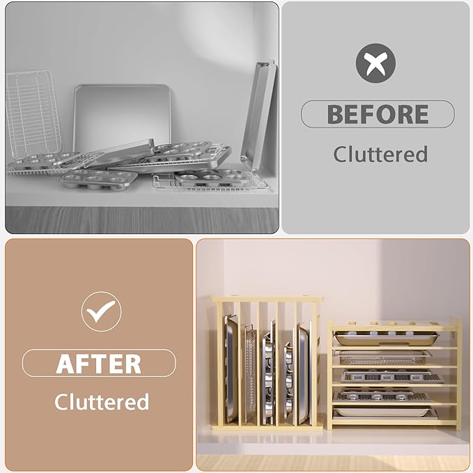 6 Tier Wooden Tray Dividers for Cabinets, Baking Cookie Sheet Organizer, Vertical/Horizontal Cabinet Dividers for Pots, Cutting Board, Pans, Kitchen Organizers and Storage