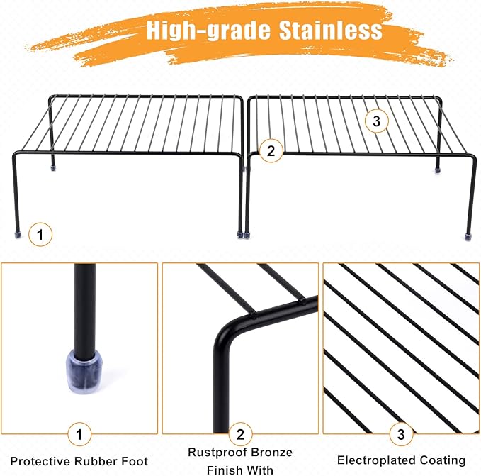 Medium (13.1 x 10.2 Inch) Cabinet Storage Shelf Rack , Kitchen Shelvesï¼Kitchen Counter and Cabinet Shelf, Storage Rack Organizer for Kitchen, Fridge, Cabinet, Bathroom Cupboard& Pantry (4, Black)