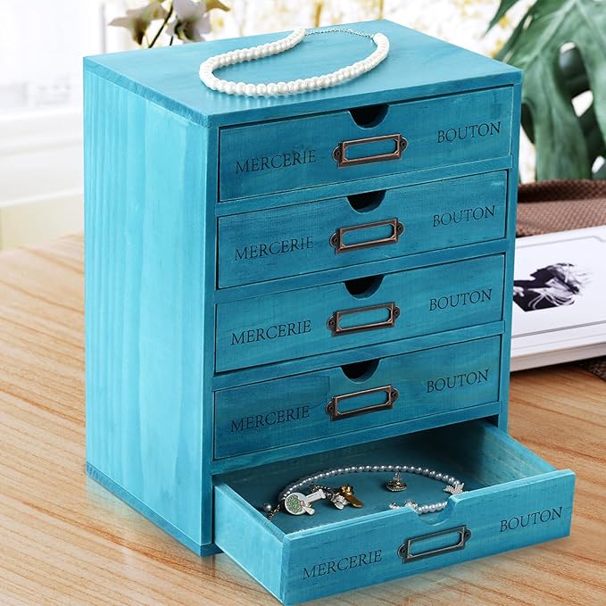 Wesiti 5 Drawer Vintage Wooden Desk Organizer, Apothecary Cabinet Storage Drawers, Rustic Shelf Drawer, Home Office Organizers and Accessories, Embroidery Floss, Craft, Art, Jewelry Storage, Stackable
