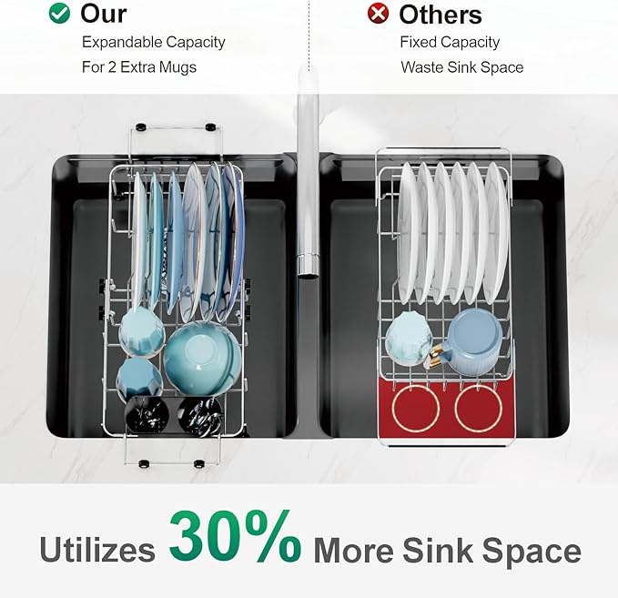 GSlife Small Sink Dish Drying Rack - 9" W Expandable Stainless Steel Compact Dish Drainer for RV, Apartment, Camper, Kitchen, Dish Strainer with Lock Knob, 11.9"-16.7" L, Silver