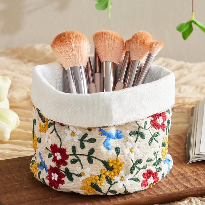 HAUSFRAU Decorative Storage Baskets - Round Embroidered Jacquard Baskets for Home Decor and Organizing - Small Storage Box and Organizer Bins, 5.12"x5.12"x5.12", Bird Flower