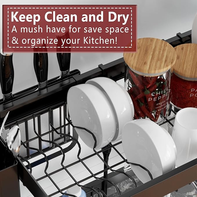 VNKZI Over Sink Dish Drying Rack, 2 Tier Stainless Steel Storage Adjustable Length (25.98'' to 36.61'') Kitchen Rack, Multifunctional Expandable Counter Organizer, Space Saver Dish Rack