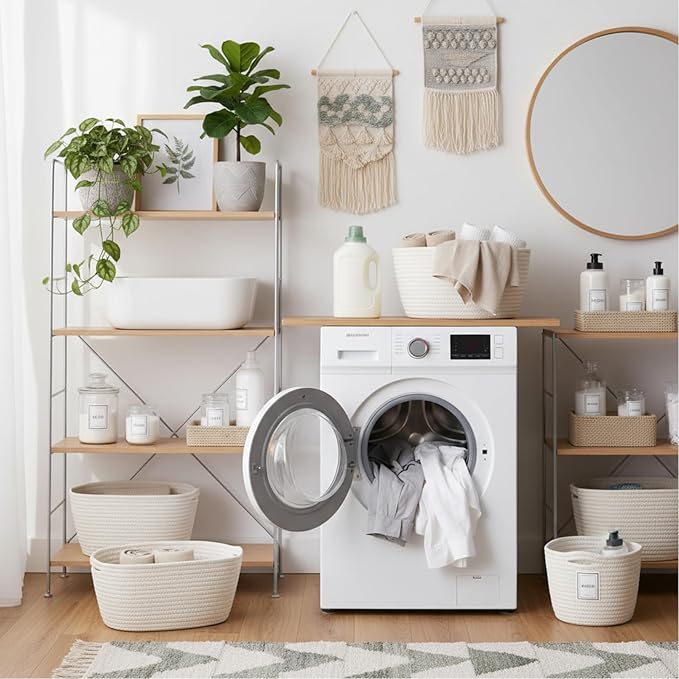 Sawysine 6 Pcs Storage Baskets Bulk for Organizing Cotton Rope Woven Basket with Handles for Gift Cloth Shelves Blanket Toys Living Room Bathroom(White)