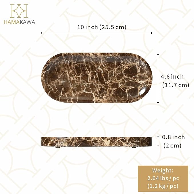 Bathroom Vanity Tray, Natural Marble Oval Tray 10 inch, Emperador Dark Marble Vanity Tray for Soap Dispenser Modern Countertop Organizer for Kitchen Countertops, Home Decor
