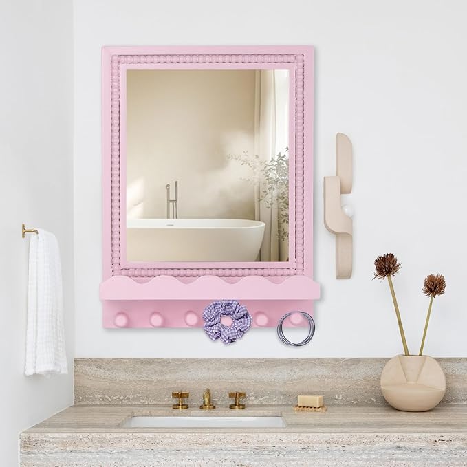 Tirzah 16x12 Inch Wall Mount Beaded Wood Framed Mirror with Shelf and 6 Hooks, Pink Decorative Entryway Mirror with Storage for Laundry Room, Bathroom, Bedroom