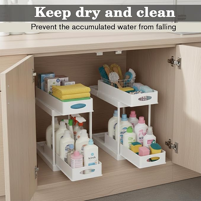 2 Pack Under Sink Organizer, Pull Out Cabinet Storage Organizers for Bathroom & Kitchen, Multi Purpose Under Counter Shelf Rack, Slide out Under the Sink Storage, Cabinet Organizer (White)