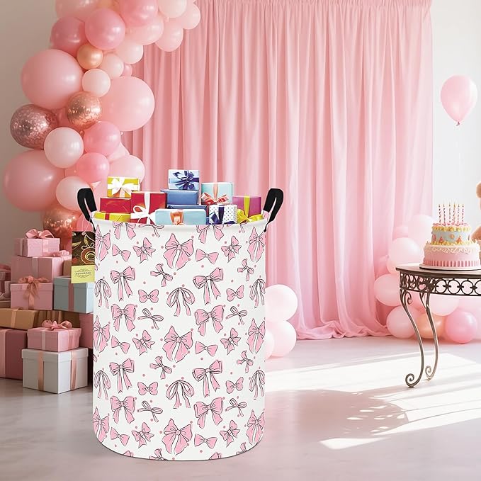 HUNRUNG Laundry Hamper,Large Canvas Fabric Lightweight Storage Basket Toy Organizer Dirty Clothes Collapsible Waterproof for College Dormsï¼Round-Pink Bowï¼