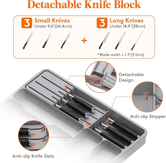 Lifewit Silverware Organizer for Kitchen Drawers, Expandable Utensil Tray with Removable Knife Block, Adjustable Cutlery and Flatware Holder, Plastic Spoon Forks Holder Storage Divider, Gray