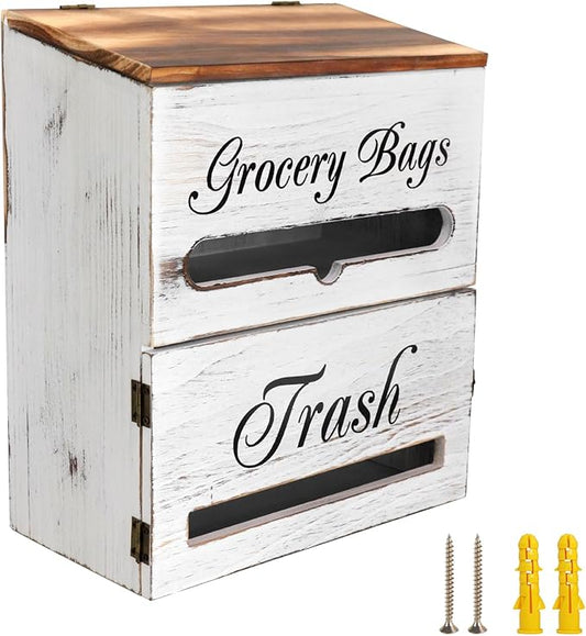 2 in 1 Trash Bag Dispenser, Double Wall Mounted,Wood Trash Bag Holder, used in kitchen, garage, laundry room, can store Environmentally friendly food bags (Vintage/Large(10inch*5.5inch*12.2inch）)