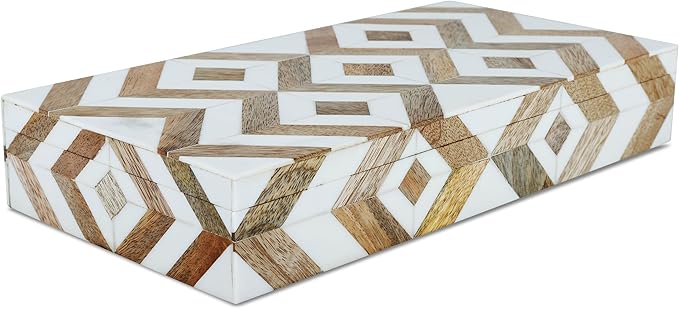 Handicrafts Home White Decorative Box with Lid– Marquet Resin Inlay & Wood Decorative Boxes for Home Decor, Decor, Storage Box for Jewellery & Keys White Brown Neutral Decorative Storage Box- 12x6x2