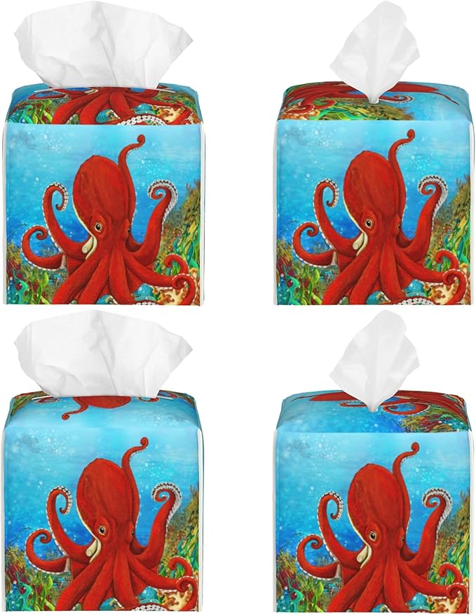 Tissue Box Holder Cartoon Octopus Tissue Box Cover Square Leather Tissue Holder Organizer Portable Decorative Facial Paper Case for Home Office Bathroom Vanity Countertop