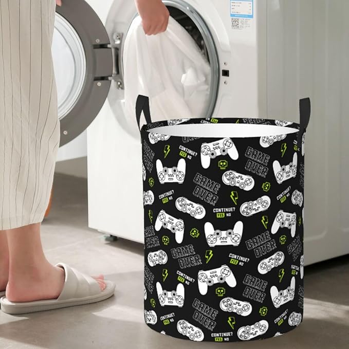 Game Controllers Pattern Round Laundry Hamper Gaming Joysticks Gamepad Storage Basket Toys Clothes Organizer Bin For Home Bathroom Bedroom Dorm Nursery, 38l