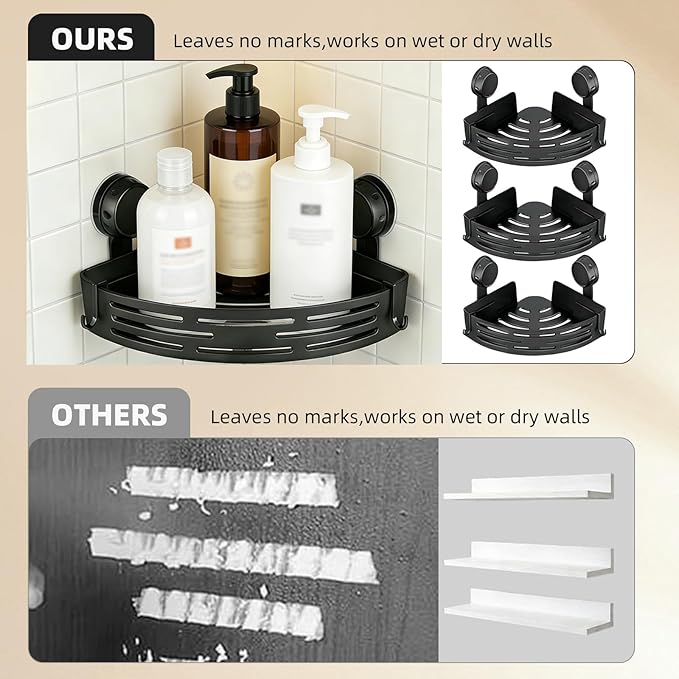Corner Shower Caddy 3-Pack, No Drilling Adhesive Bathroom Shelf with Towel Bar & Hooks, Triangle Storage Organizer for Bathroom Kitchen RV, Fast Draining & Heavy Duty (Black)