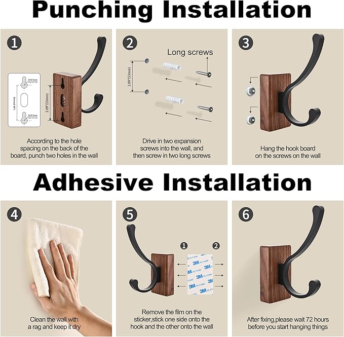 6 Pack Wooden Wall Hooks for Hanging, Adhesive Mounted & Wall Mount Nature Wood Coat Hooks for Towel Clothes Blanket Hat Backpack Robe Nursery Door Board Entryway Key Holder