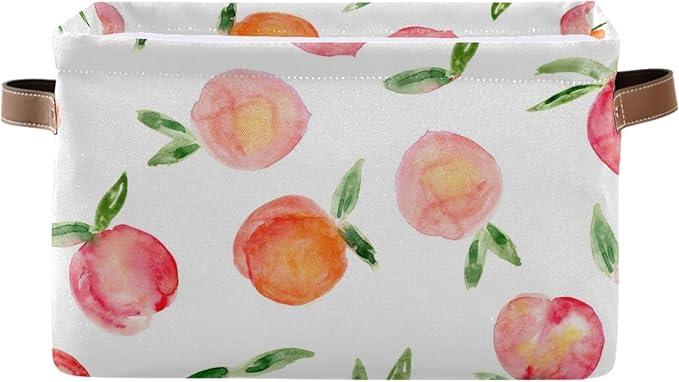 susiyo Large Foldable Storage Bin, Watercolor Peaches Fabric Storage Baskets Collapsible Decorative Baskets Organizing Basket Bin with PU Handles for Shelves Home Closet Bedroom Living Room-2Packs