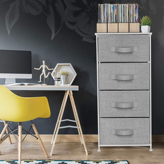 Sorbus Nightstand with 4 Drawers - Bedside Furniture & Night Stand End Table Dresser with Steel Frame, Wood Top, Easy Pull Fabric Bins for Home, Bedroom Accessories, Office & Dorm