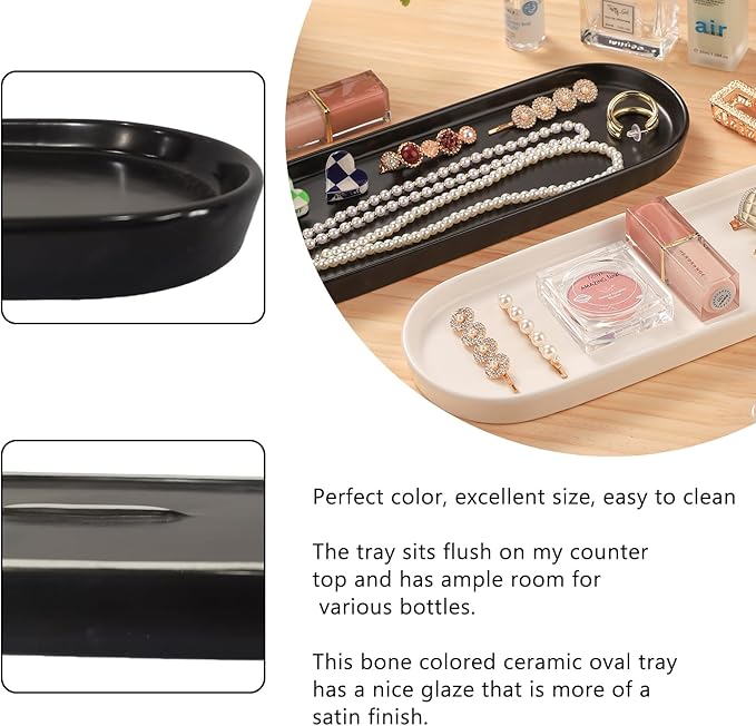 VanEnjoy Set of 2 Black Vanity Tray for Bathroom Counter, Long Narrow Tray Ceramic Tray for Kitchen Counter for Soap Bottles