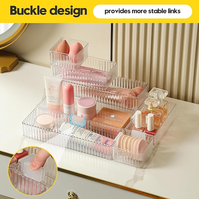 7 PCS Clear Drawer Organizer Bins with Locking Clips, Interlocking Non-Slip Stackable Drawer Trays, 4 Sizes for Makeup Vanity, Bathroom, Office & Kitchen