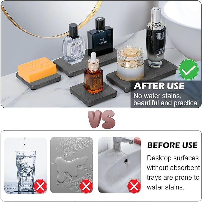 4PCS Water Absorbing Stone Tray, Quick Drying Diatomite Stone Sink Tray, Water Absorbent Diatomite Coasters Used for Hand Soap Dispenser Toothbrush Sponges Holders in Bathroom Counter and Kitchen Sink