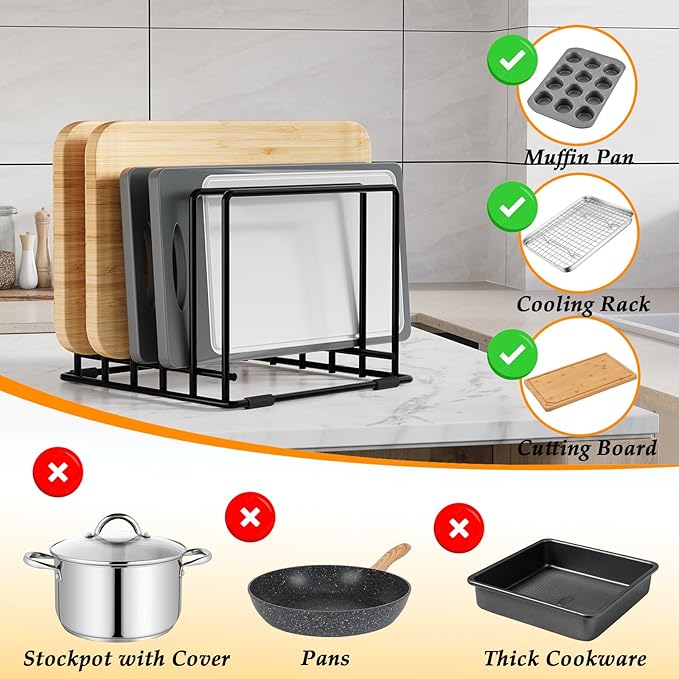 Baking Sheet Organizer Rack â 5-Slot Bakeware & Cookie Tray Holder for Kitchen Cabinet or Countertop, Stainless Steel Cutting Board Rack with Rust-Resistant Frame & Anti-Slip Feet
