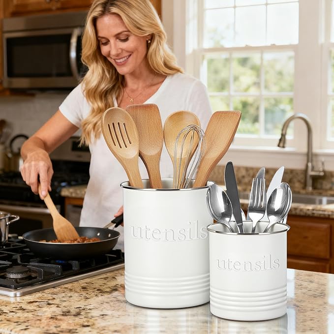 2 Pack Kitchen Utensil Holder for Counter 6.7"+4.7" Farmhouse Cooking Utensil Crock with Cork Bottom Modern Farmhouse Decors Countertop Storage Organizer Caddy Housewarming Gift (White)