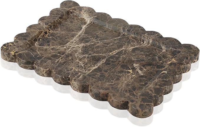 Rectangle Marble Tray with Scalloped Edge, Dark Brown Decorative Tray for Bathroom Vanity, Kitchen Counter, Dresser Top Organizer, Perfume Jewelry Holder, 11x8 Inch Natural Stone Home DÃ©cor