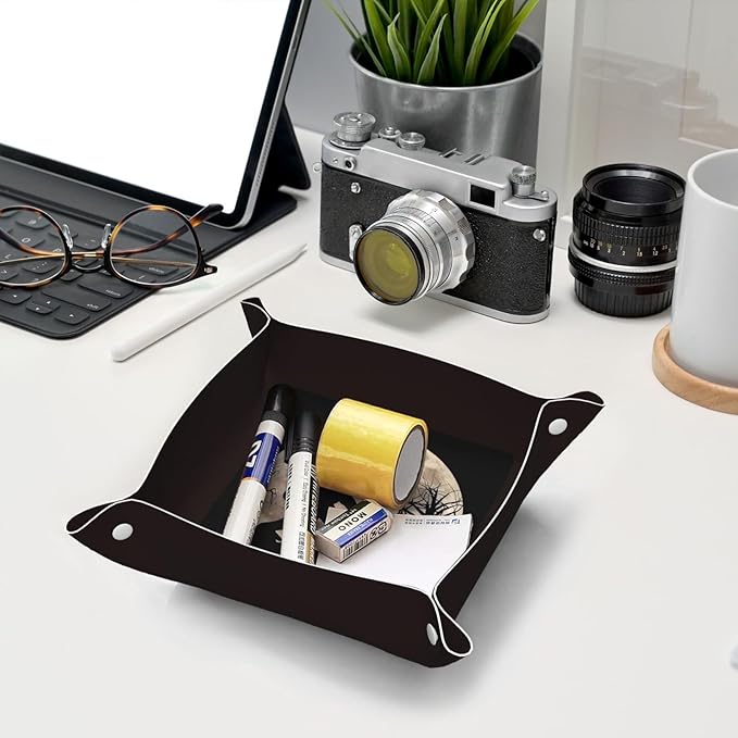 Decorative Bigfoot Sasquatch Full Moon Leather Vanity Tray Desktop Storage Organizer, Reddish Brown Square Foldable Sturdy Leather Tray for Keys Phone Wallet Coin Jewelry, S