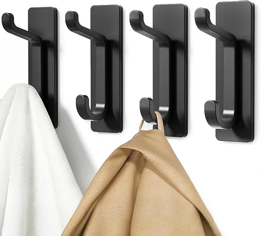pickpiff Wall Hooks for Coat and Towel: 13LB Strong Adhesive Door Hanger Stick on, Black 4 Pack
