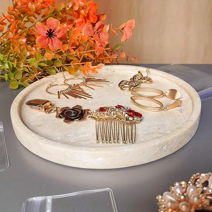 Natural Travertine Vanity Decorative Marble Tray, Candles, Perfume, Trinket, Marble Circle Vanity Trays for Bathroom, Dresser, Kitchen, Countertop Storage Organizer for Home Decor