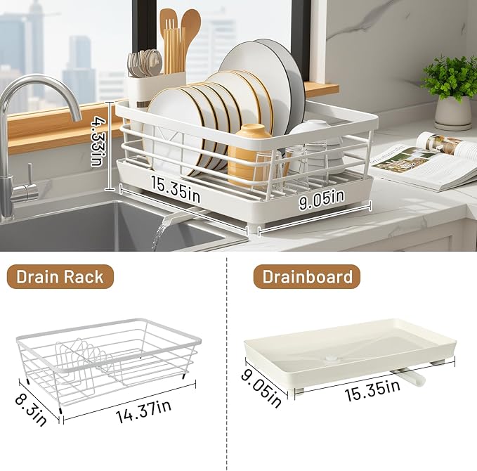 Dish Drying Rack for Kitchen Counter, Stainless Steel Sink Organization and Storage Essentials with Cutlery Holder, 9.05''W x 15.35''L, Stainless Steel Dish Strainer with Utensil Holder