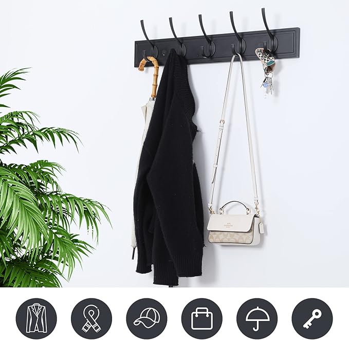 HOME MASTER HARDWARE Coat Rack Wall Mount Black, MDF Wall Mounted Coat Hooks for Hanging Coats, 27" Decorative Hat Rack for Wall with 5 Hooks