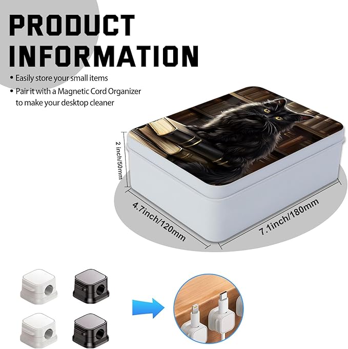 Metal Tin Box with Lid,Multi-functional Storage Large Box Can Store Tea Biscuits Game Cards, Playing & Tarot Cards-Comes with 4 Magnetic Cord Clips,Black Cat on Books