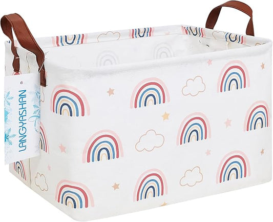 LANGYASHAN Rectangular Storage Bin Collapse Canvas Fabric Cartoon Storage Basket with Handles for Organizing Home Kitchen Boys and Girls Toys Office Closet Shelf Baskets(Rec Cloud Rainbow)