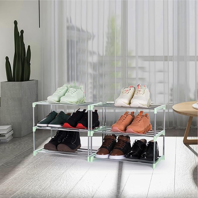 3-Tier Stackable Small Shoe Rack, Lightweight Shoe Shelf Storage Organizer for Entryway, Hallway and Closet(Green)