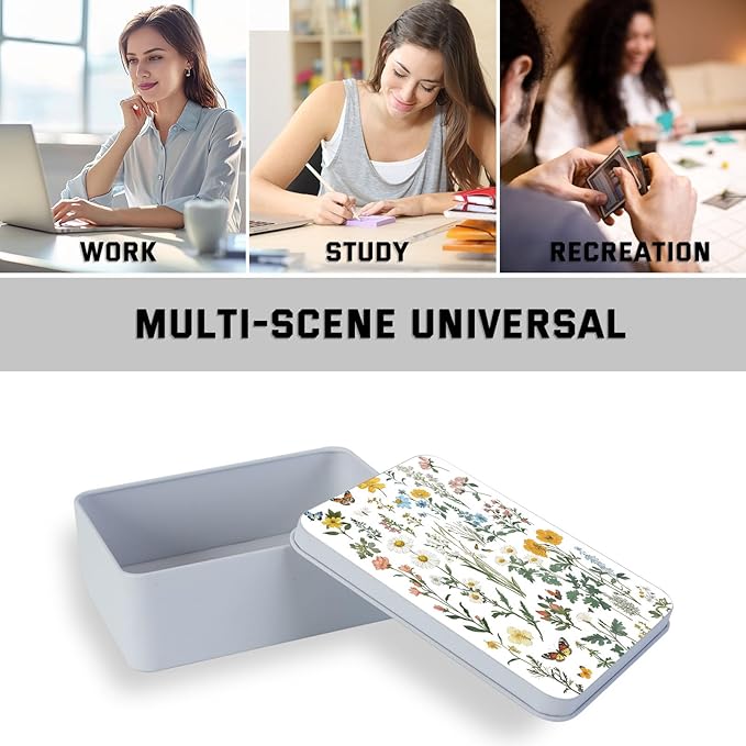 Metal Tin Box with Lid,Multi-functional Storage Large Box Can Store Tea Biscuits Game Cards, Playing & Tarot Cards-Comes with 4 Magnetic Cord Clips,Flower Garden Butterfly