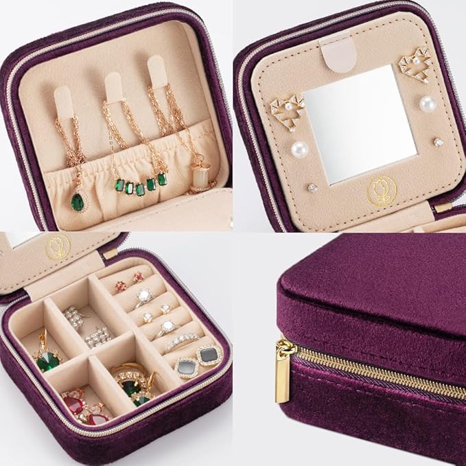 Plush Velvet Travel Jewelry Case, Travel Jewelry Organizer, Jewelry Travel Case, Travel Jewelry Box, Small Jewelry Case, Jewelry Travel Box, Earring Organizer with Mirror - Purple 4packs