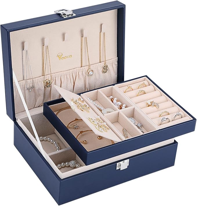 Voova Jewelry Box Organizer for Women Girls, 2 Layer Large Men Jewelry Storage Case,PU Leather Display Jewellery Holder with Removable Tray for Necklace Earrings Rings Braceletsï¼Vintage Giftï¼Navy Blue
