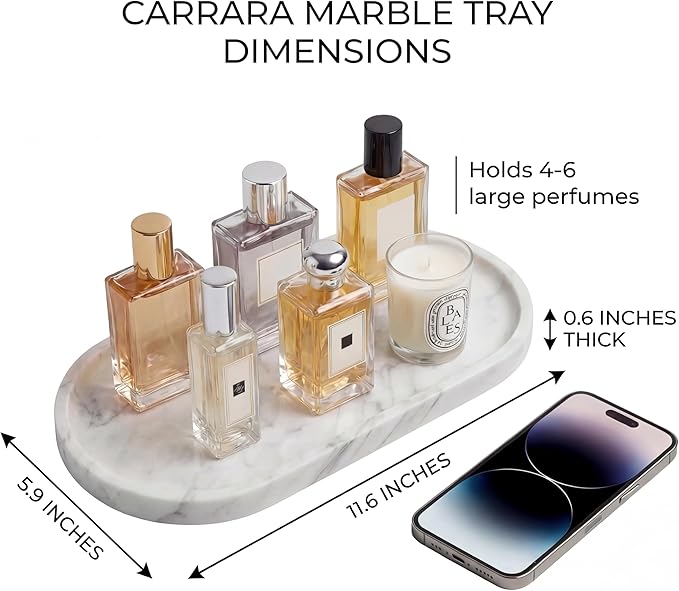 YKAJO 11.6" x 5.9" Oval Real Marble Tray for Bathroom & Kitchen Counter â 100% Natural Stone Decorative Vanity Tray for Dresser & Perfume â Heavy Catchall Organizer for Soap & Jewelry, White Gray